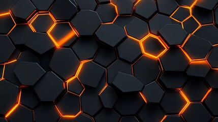 Aufkleber - Black hexagonal surface emitting orange light, futuristic abstract background