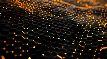 Poster - Futuristic black hexagonal surface glowing with golden particles