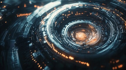 Poster - Futuristic rotating mechanism with orange lights emitting energy