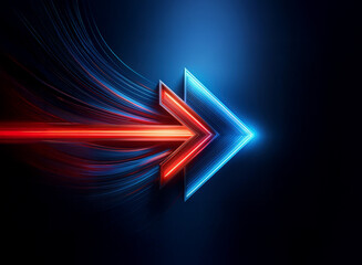 Wall Mural - a vibrant, dynamic arrow, rendered in glowing red and blue, streaks across a dark background, sugges