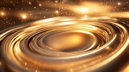 Poster - Golden swirling liquid forming concentric circles with glowing particles and bright background