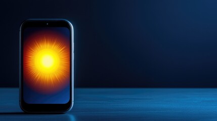 Poster - Innovative smartphone displaying radiant sunburst modern office digital art minimalist setting close-up technology concept
