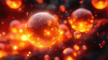 Poster - Abstract glowing spheres float through a dark background, creating a mesmerizing visual effect filled with warm orange sparks and radiant light, evoking a sense of wonder and beauty
