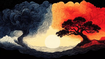 Poster - Abstract depiction of nature's contrast with swirling clouds of black and orange framing a sun, showcasing balance between day and night in a surreal artistic style