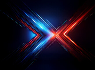 Poster - abstract glowing x-shaped design. red and blue light streaks intersect, creating a dynamic, energeti