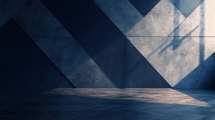 Aufkleber - Sunlight illuminating empty room with geometric concrete wall and wooden floor