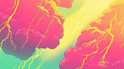 Canvas Print - Bright neon clouds and zigzag bolts glowing against a smooth liquid gradient