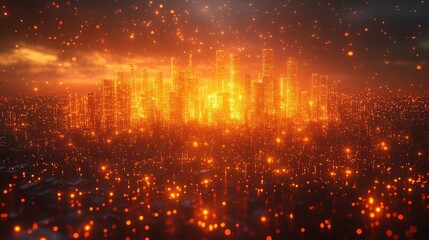 Poster - Futuristic Cityscape Drenched in Orange and Warm Light Representing Technology and Innovation with Sparkling Particles in a Night Sky Setting