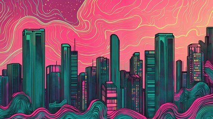 Wall Mural - Stylized cityscape with glowing neon accents on soft liquid-like gradients