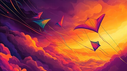 Wall Mural - Dynamic kites glowing in fluid motion under a bold sunset sky