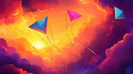 Wall Mural - Playful kites and ribbons glide softly on a retro glowing backdrop