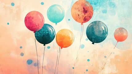 Wall Mural - Balloons with bold outlines hover in a pastel sky of blue and peach