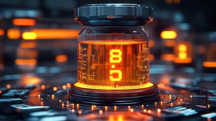 Poster - Glowing Futuristic Jar Containing Mysterious Liquid with Digital Display on a High-Tech Laboratory Background and Neon Illuminations