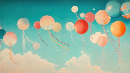 Wall Mural - Playful balloons and ribbons hover in a bright vibrant retro sky