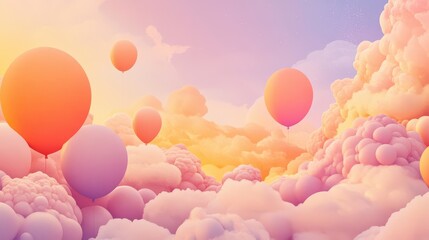 Wall Mural - Bright balloons float in a coral-lavender sky with glowing outlines