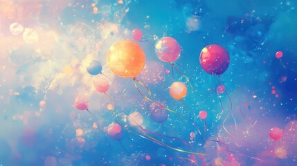 Wall Mural - Dynamic balloons glow softly above a vivid blue sky with reflections
