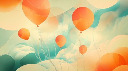 Wall Mural - Dynamic balloons hover in a glowing orange-teal gradient sky