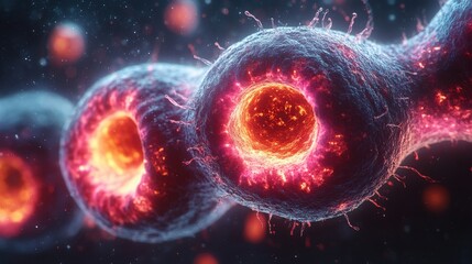 Poster - magnified view of human cells illustrating cellular structures and vibrant activity under microscope