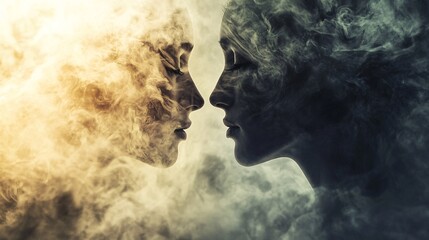 Poster - Two female faces emerging from abstract smoke clouds