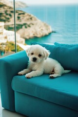 Poster - Small white dog on blue couch