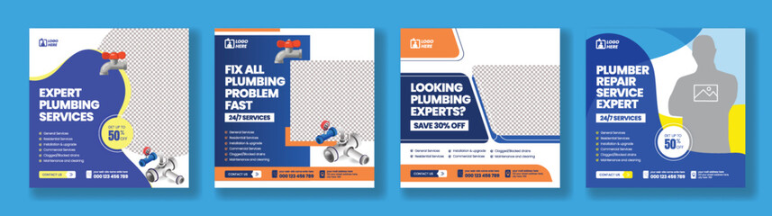 Wall Mural - Social media posts banner ads template set for Plumbing and maintenance service promotional advertisement layout for website banner ads design, social media promo ads bundle, business marketing posts