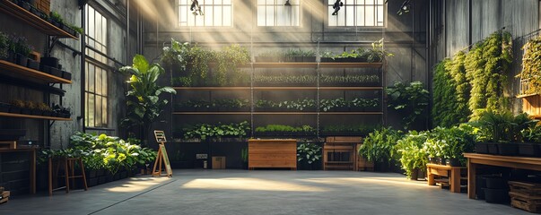 Poster - Modern vertical farm in an industrial setting, featuring stacked shelves filled with vegetables and greens, illustrating sustainable agriculture in an urban space