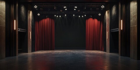 Wall Mural - Red curtains and spotlights on empty stage