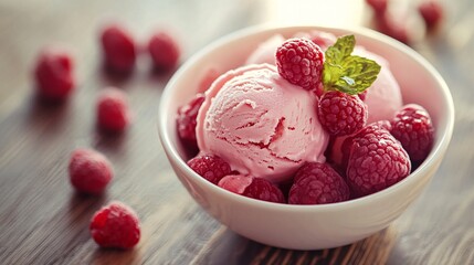 Poster - Raspberry ice cream with fresh raspberries and mint leaves in a bowl