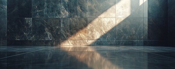 Aufkleber - Sunbeams falling on marble wall and floor in empty room
