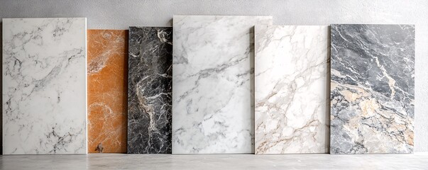 Poster - Marble slabs leaning against concrete wall showing different colors and textures