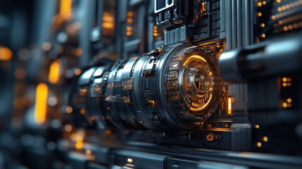 Poster - Complex futuristic engine glowing with orange light in a dark environment