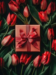 Sticker - Red Gift Box with Tulips