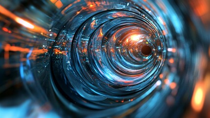 Poster - Glass tunnel rotating with orange and blue lights creating an abstract background