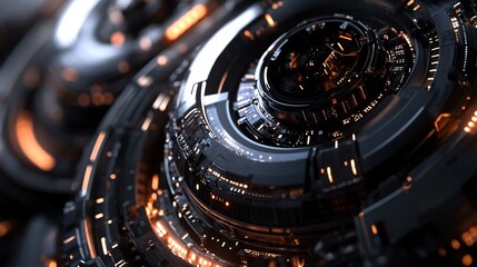 Poster - Complex circular mechanism with orange lights is spinning and glowing