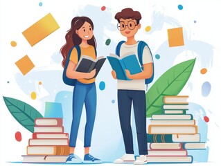 Poster - Two individuals joyfully swap books while surrounded by colorful stacks
