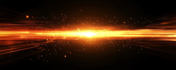 Poster - Golden light beam exploding on black background with glowing particles