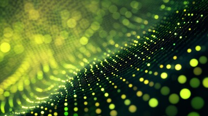 Fototapete - Green particle wave flowing in cyberspace with bokeh effect
