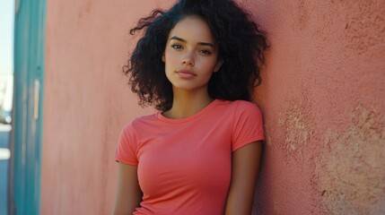 Young Woman Leaning on Pink Wall