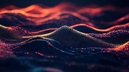 Aufkleber - Abstract particle surface forming wavy landscape is glowing orange and blue