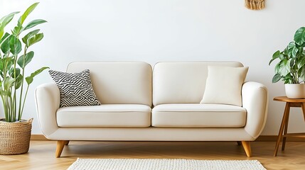 A Minimalist living room. A stylish, light-colored sofa with cushions, accompanied by a potted plant and wooden side table, set against a minimalist wall, creating a cozy atmosphere.