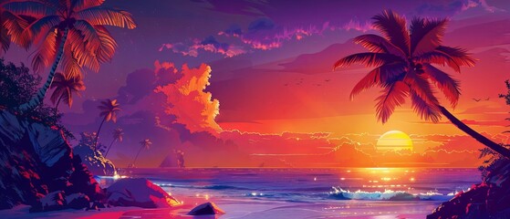 Wall Mural - tropical beach with palm trees, serene sea waves, and a vibrant sunset sky at a summer resort destin