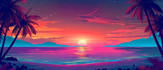 Wall Mural - tropical beach with palm trees, serene sea waves, and a vibrant sunset sky at a summer resort destin