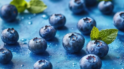 Wall Mural - Blueberries on blue surface