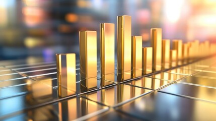 Poster - D bar chart with metallic bars of varying heights, representing business data on a reflective surface, symbolizing financial metrics and success