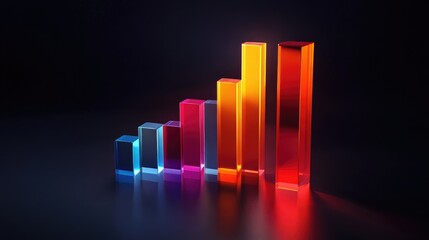 Poster - D bar graph with transparent bars of varying colors and heights on a dark background, representing financial trends with dramatic lighting