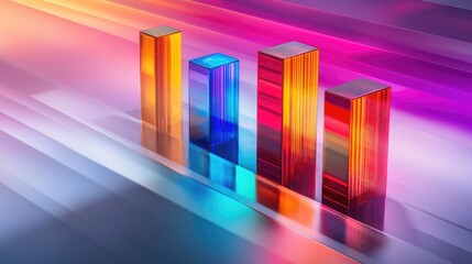 Poster - D financial bar chart with vibrant colors, placed on a sleek white surface, with shadows creating depth, symbolizing financial analysis