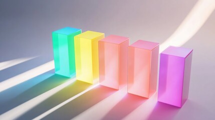 Poster - D financial bar chart with vibrant colors, placed on a sleek white surface, with shadows creating depth, symbolizing financial analysis