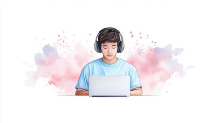 Poster - focused student wearing headphones studies on laptop, surrounded by colorful watercolor background. This scene captures essence of online learning and concentration