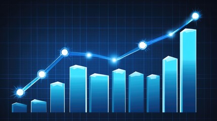 Poster - Abstract line graph with glowing lines and data points on a blue and black gradient background, representing business financial trends