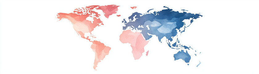 Poster - colorful world map featuring soft watercolor shades of red and blue, highlighting different regions. This artistic representation evokes sense of global connection and exploration